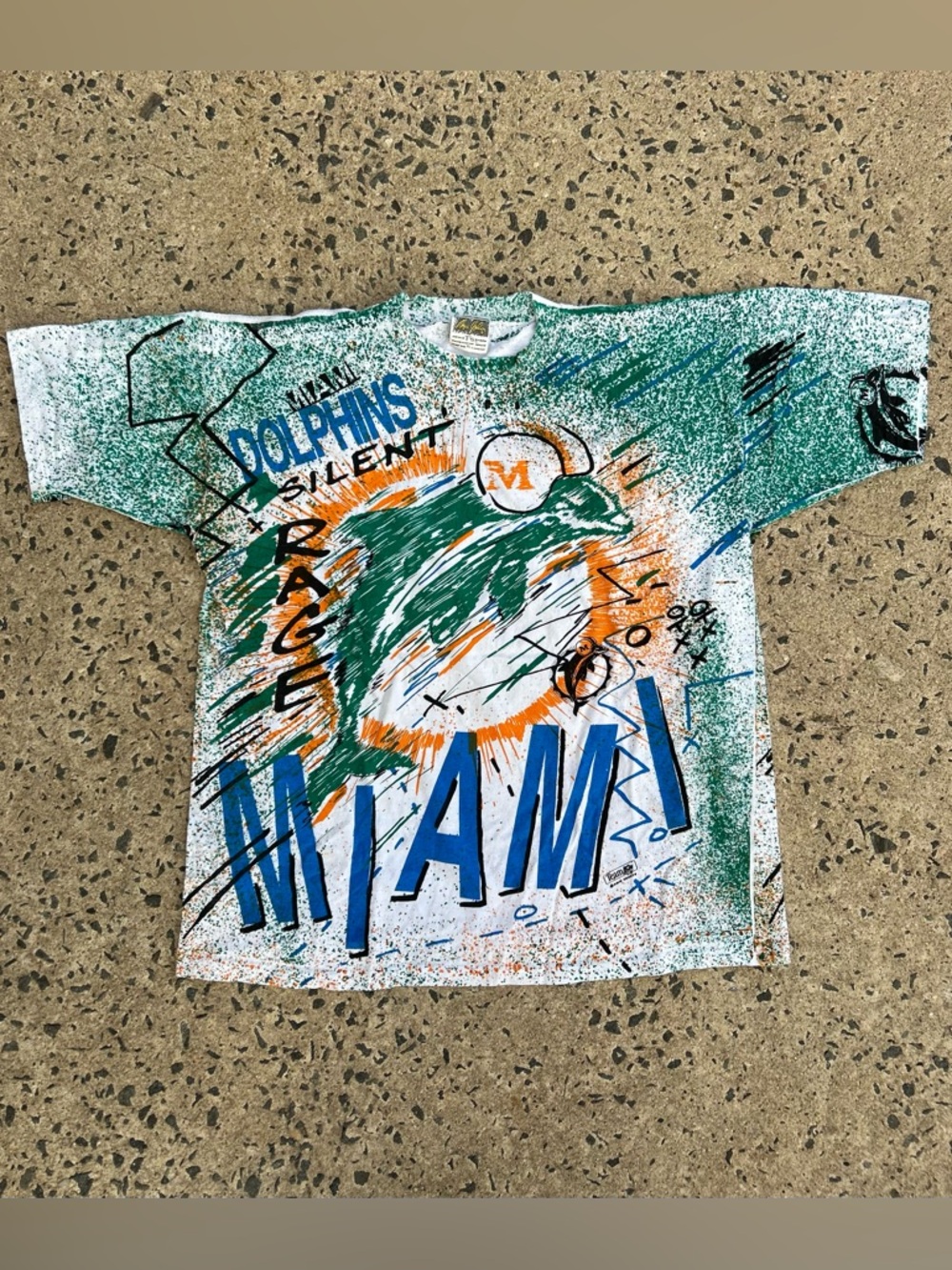 VTG Miami Dolphins AOP Single Stitch T-Shirt Adult Size XL Double Sided